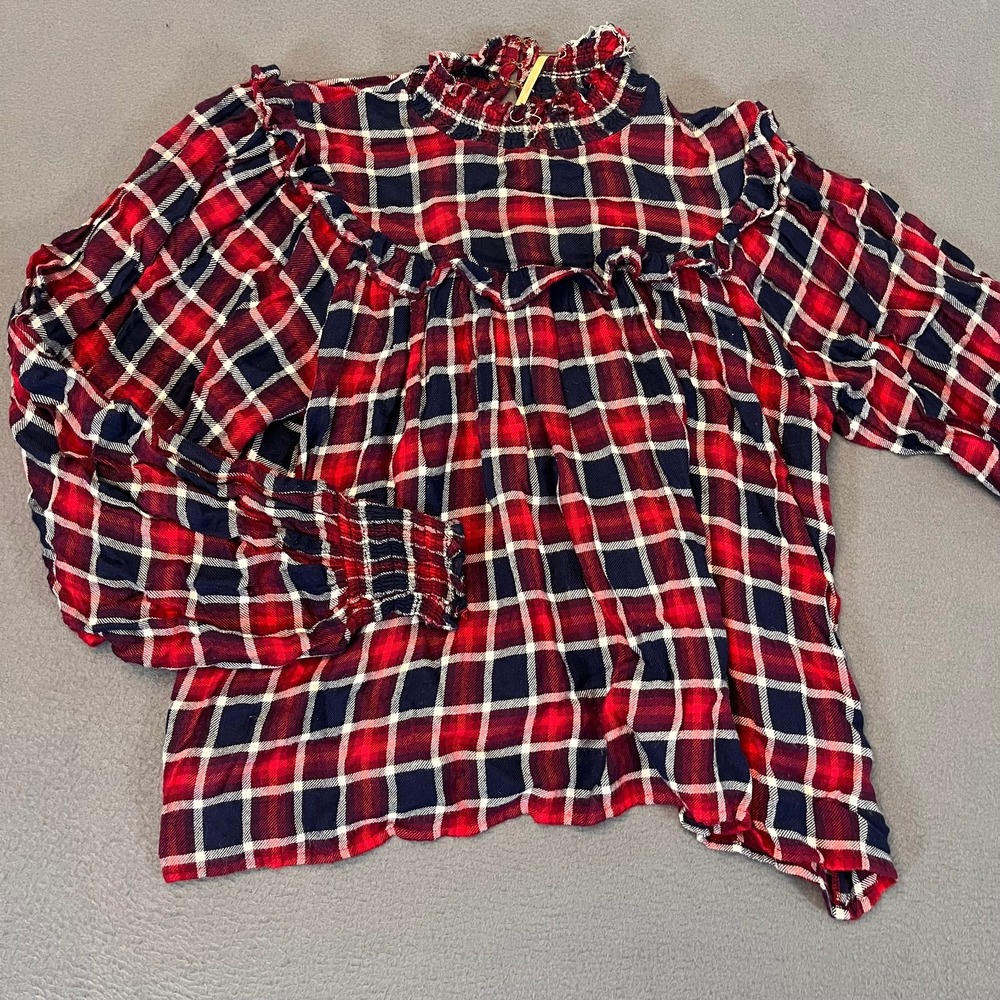 Free People Womens Med Buffalo Plaid Ruffle Neck Bodice Sleeve Blouse Top Shirt